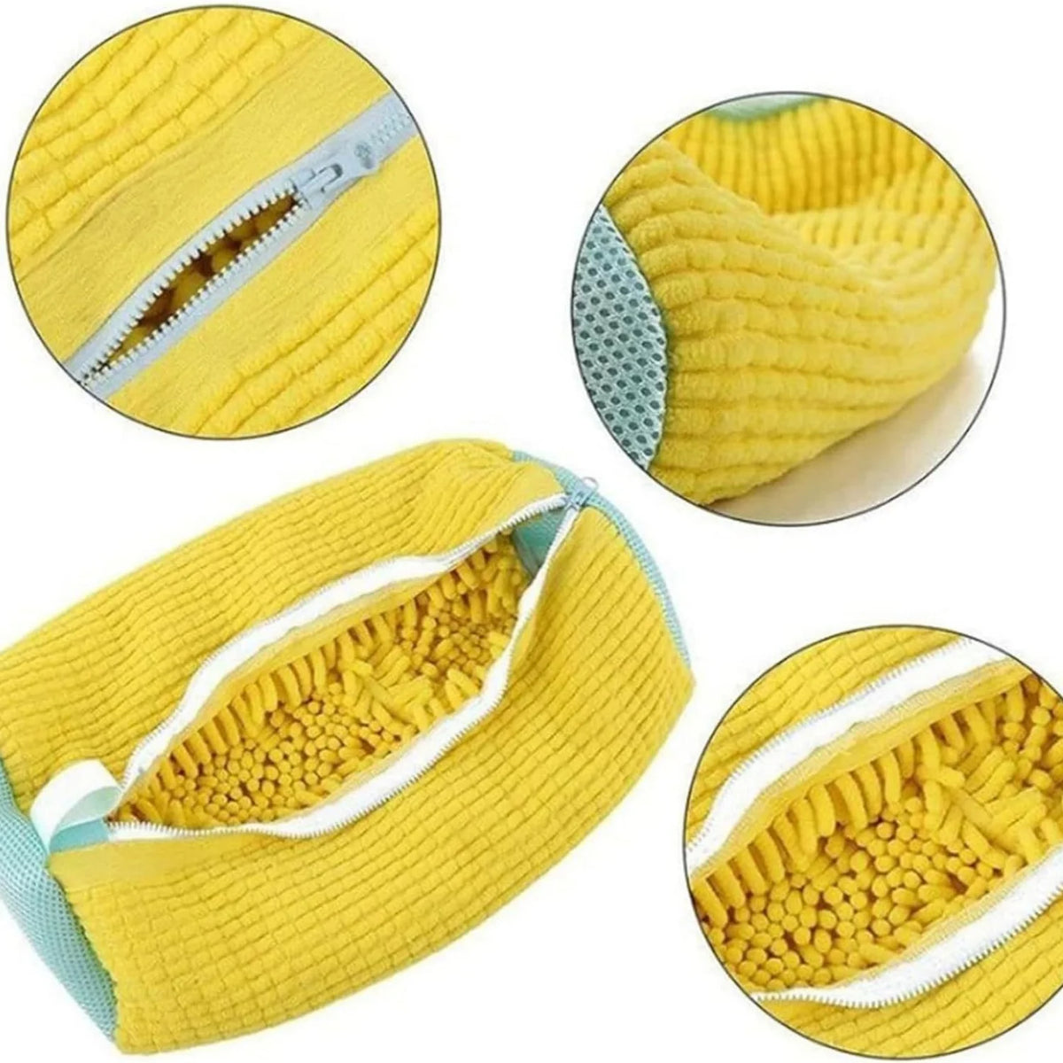 Yellow reusable shoe washing bag with soft bristles shown in various angles