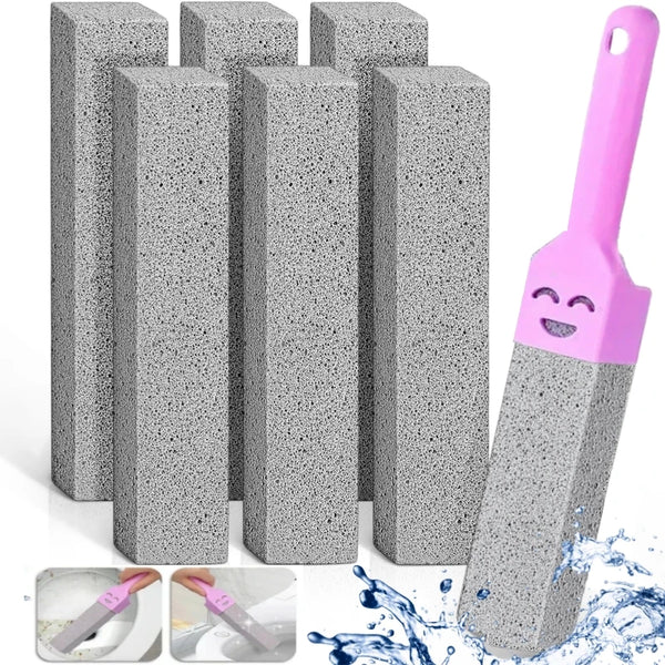 A set of gray natural pumice cleaning sticks for limescale removal, shown alongside a pink cleaning tool.