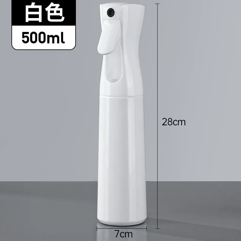 A white refillable continuous mist spray bottle for hair and beauty, shown in a vertical view.