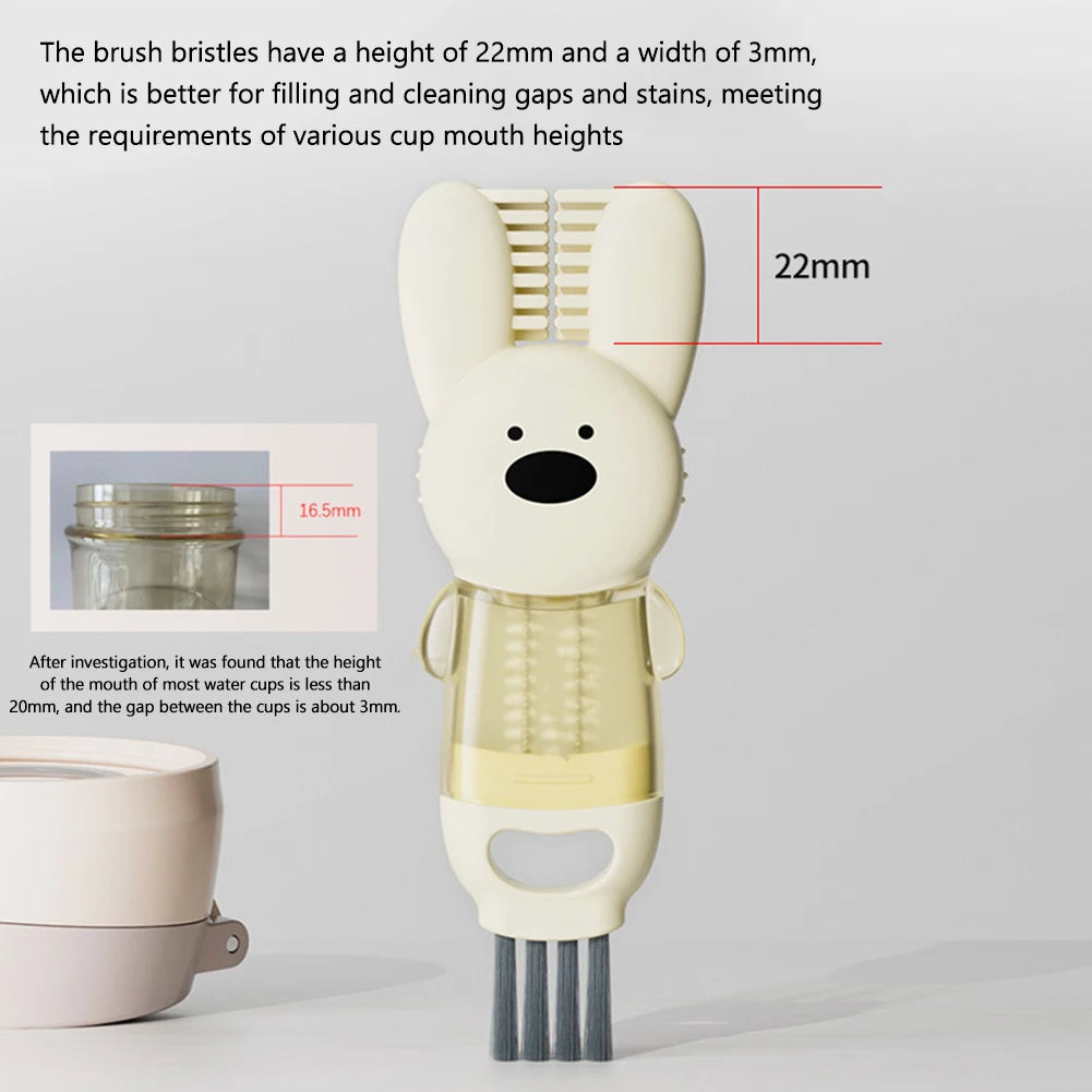 A white silicone brush set with bristles measuring 22mm and a width of 3mm used for cleaning cups and bottles.