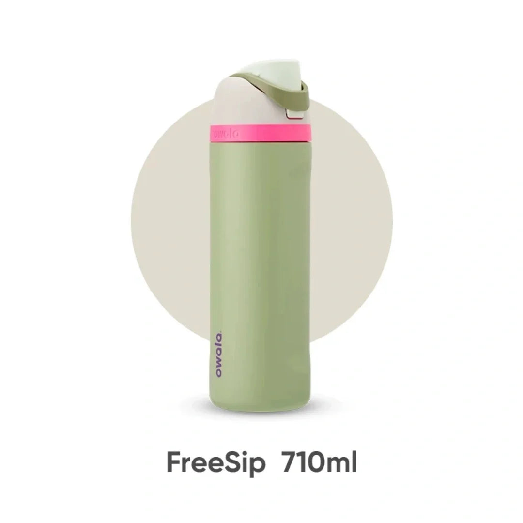 A light green insulated water bottle with a pink cap and straw, shown vertically.
