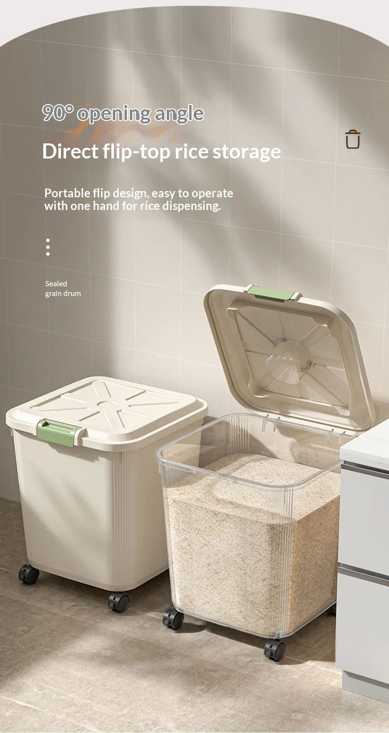 A portable flip-top rice storage dispenser with a transparent lid and sealed grain drum is shown on a white cabinet.