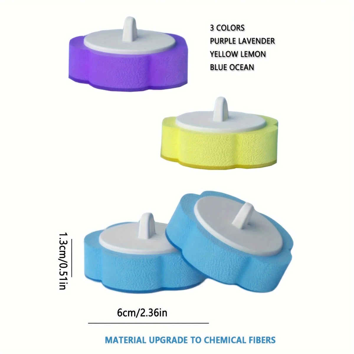 Disposable toilet brush set in purple lavender, yellow lemon, and blue ocean colors with a long handle.
