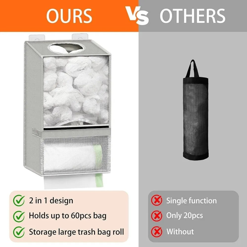 A product image showing a 2-in-1 mesh shopping bag organizer with a wall mount, highlighting its features and comparison to o