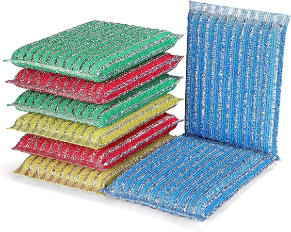 A set of double-sided non-scratch dishwashing sponges in various shades of green, red, and yellow stacked together.