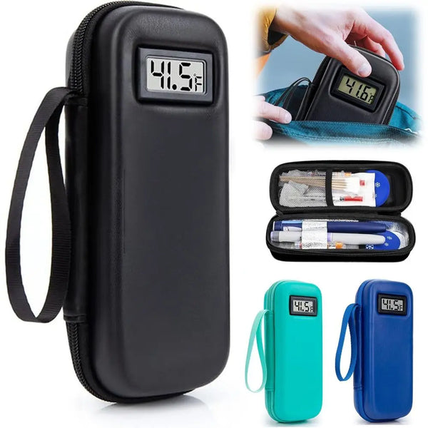 A black insulin cooler travel case with a temperature display showing 41.5°F, alongside various insulin pens.