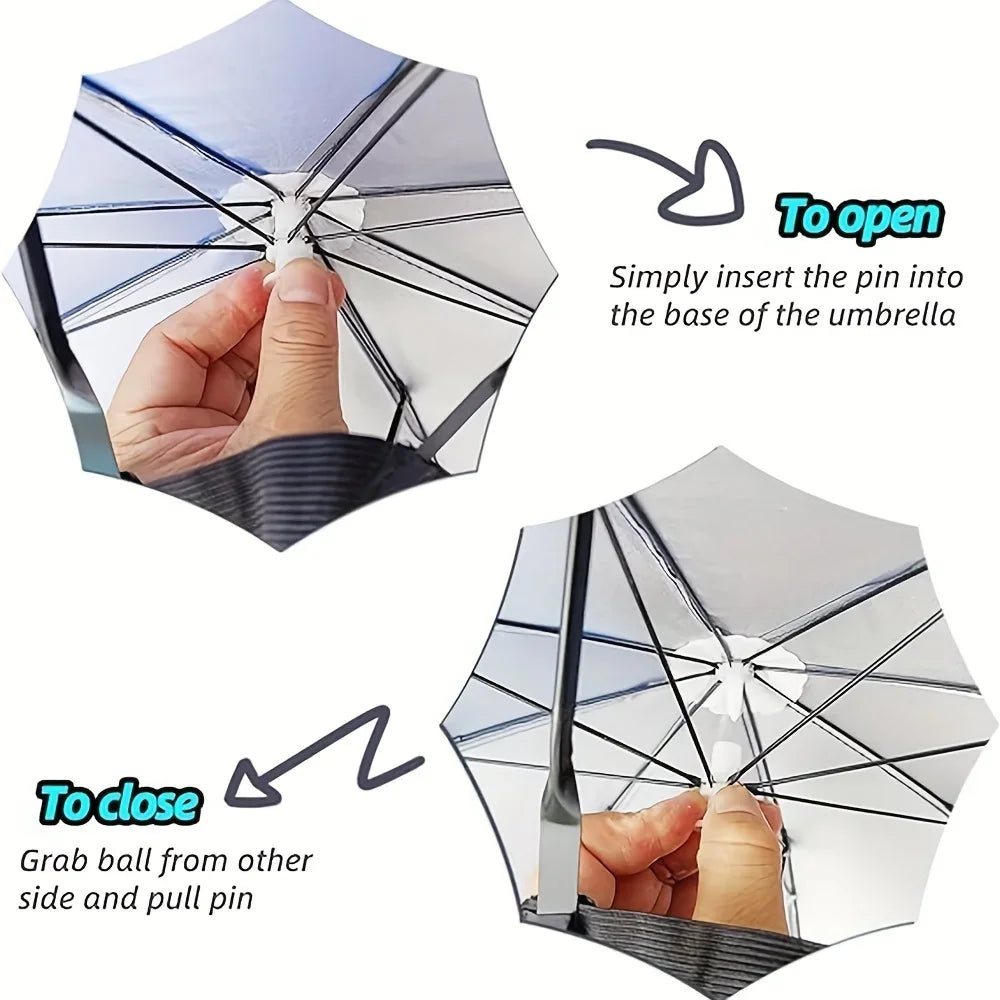 Demonstration of how to open and close a head-mounted umbrella hat by inserting or pulling a pin.