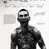 A black and white photo of a male UFC fighter with intense facial expression and tattoos.