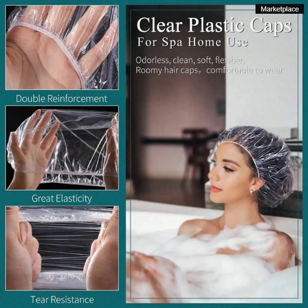 Clear plastic hair caps for spa home use showing double reinforcement, great elasticity, and tear resistance.