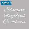 Three refillable pump bottles of shampoo body wash and conditioner.