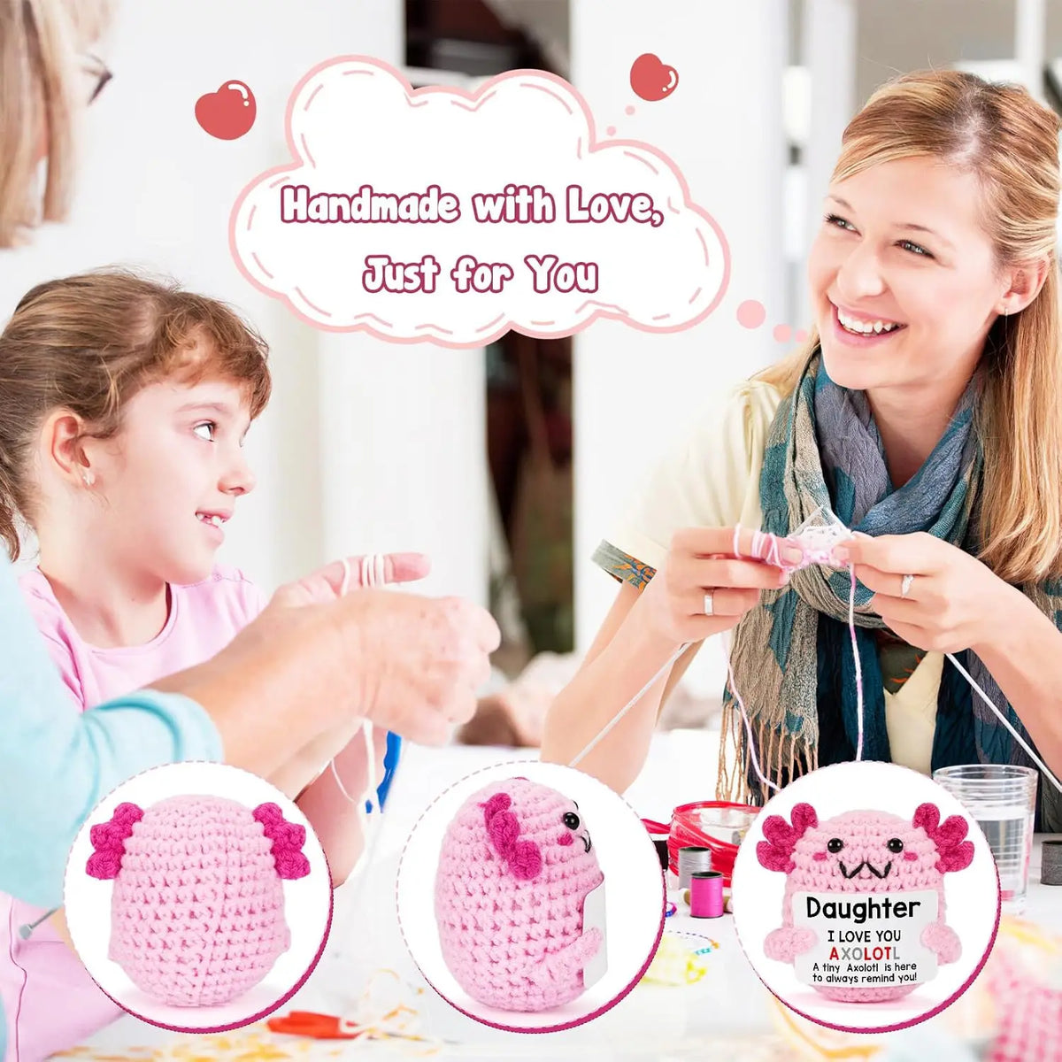 A woman is making a pink crochet axolotl figurine for a daughter, demonstrating the handmade craft.