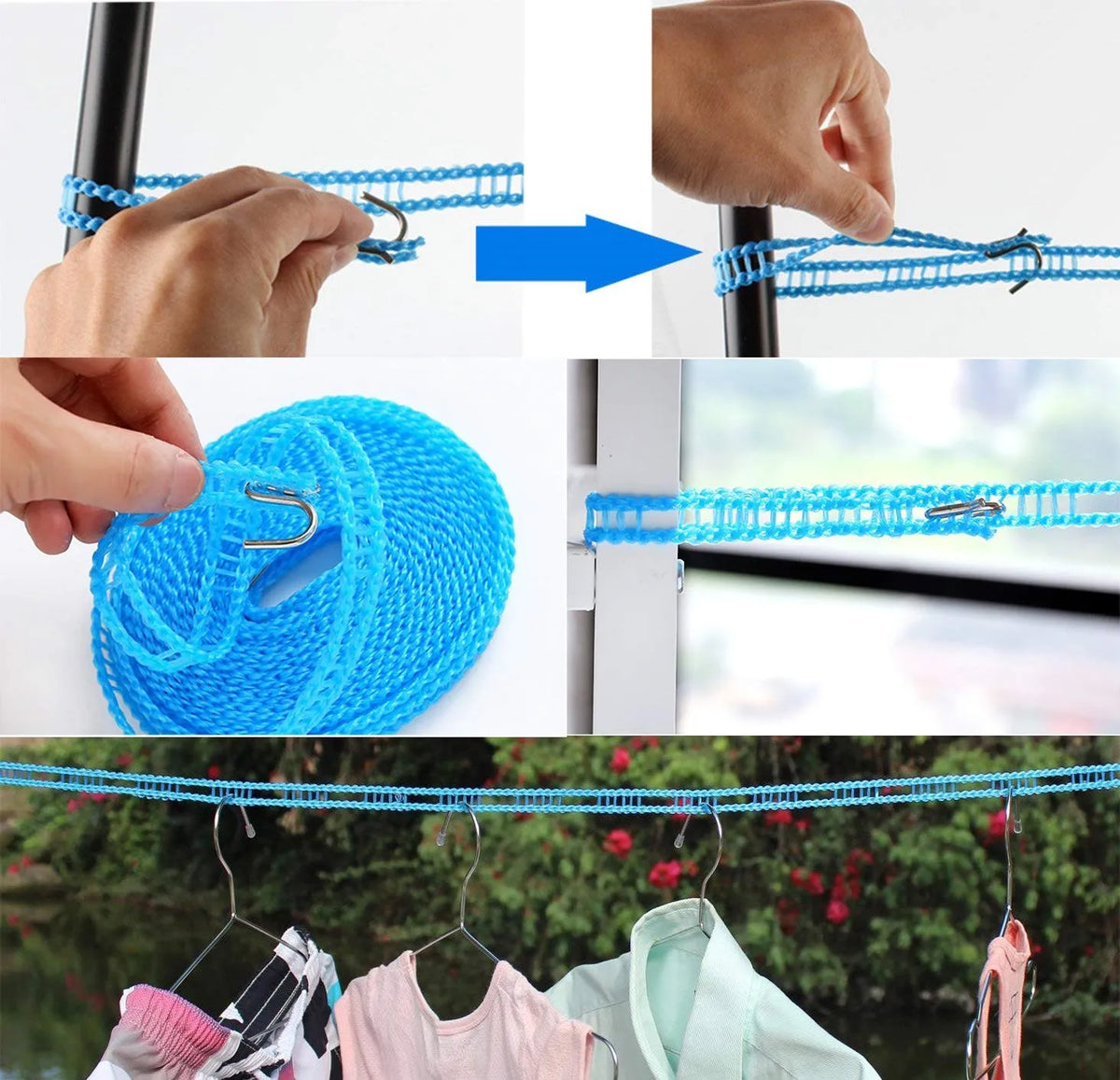A portable windproof clothes drying line is shown being used to hang laundry outdoors.