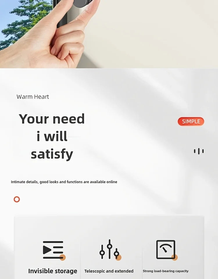 A hand is shown interacting with a product interface displaying features like invisible storage, telescopic design, and stron