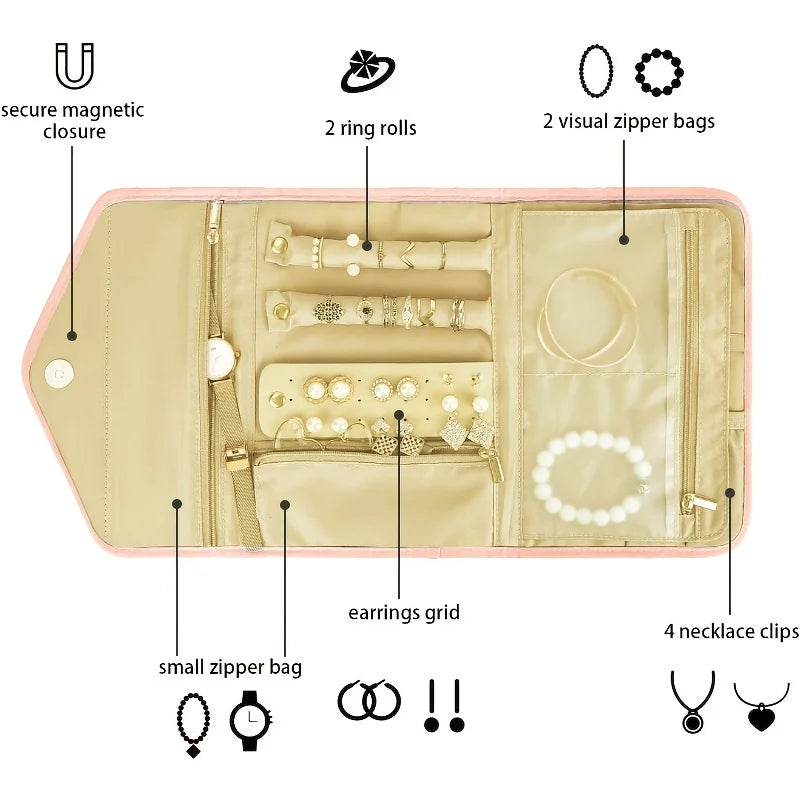 A beige foldable jewelry organizer bag showing various compartments for storing earrings, rings, and necklaces.