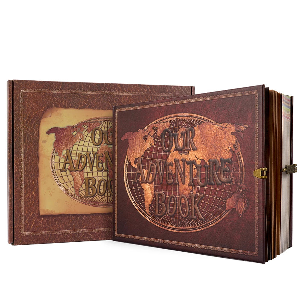 A brown leather photo album with a cover featuring a globe design and the text Our Adventure Book