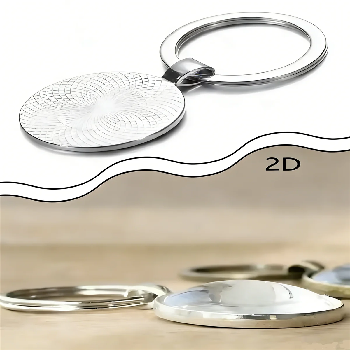 Silver 2D keychain featuring a circular, textured disc and a metal ring.