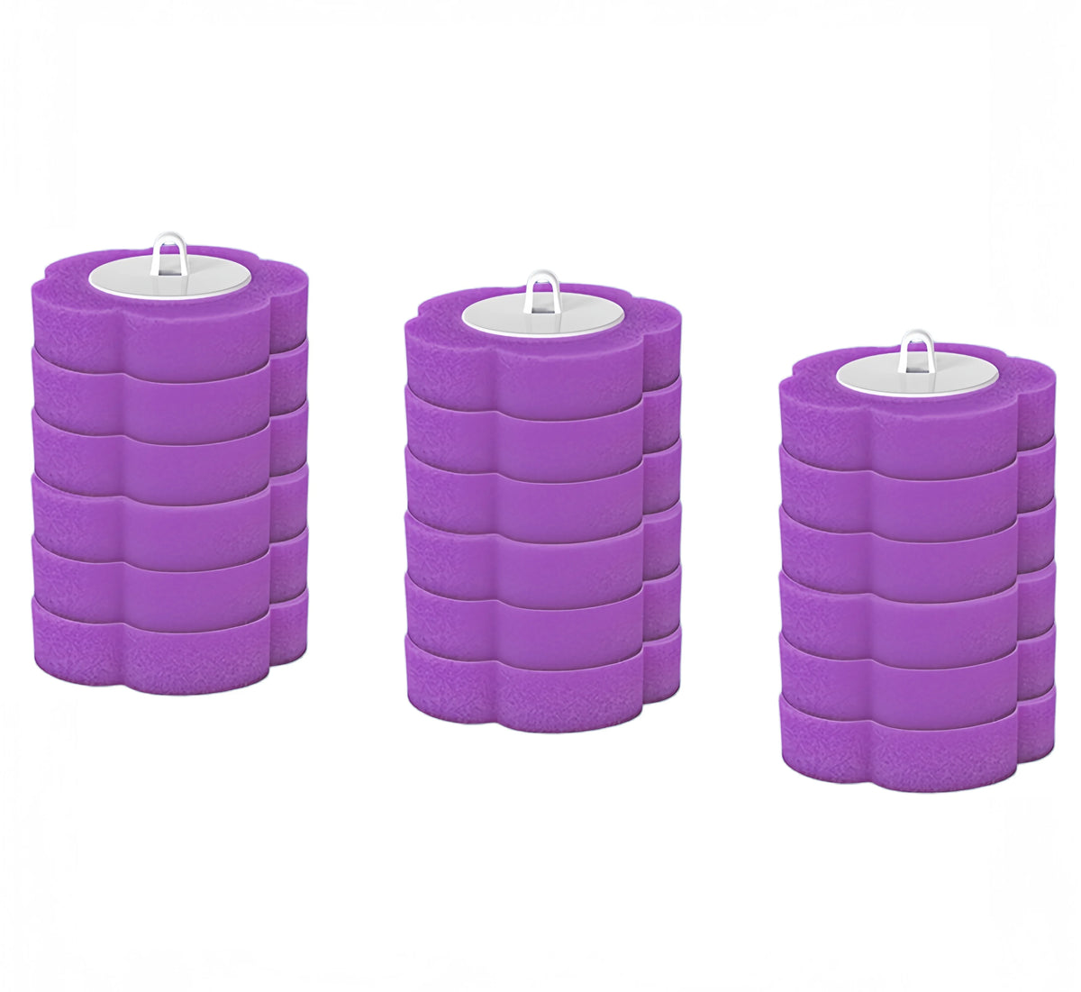 Three purple heavy-duty disposable toilet brush kits with long handles.