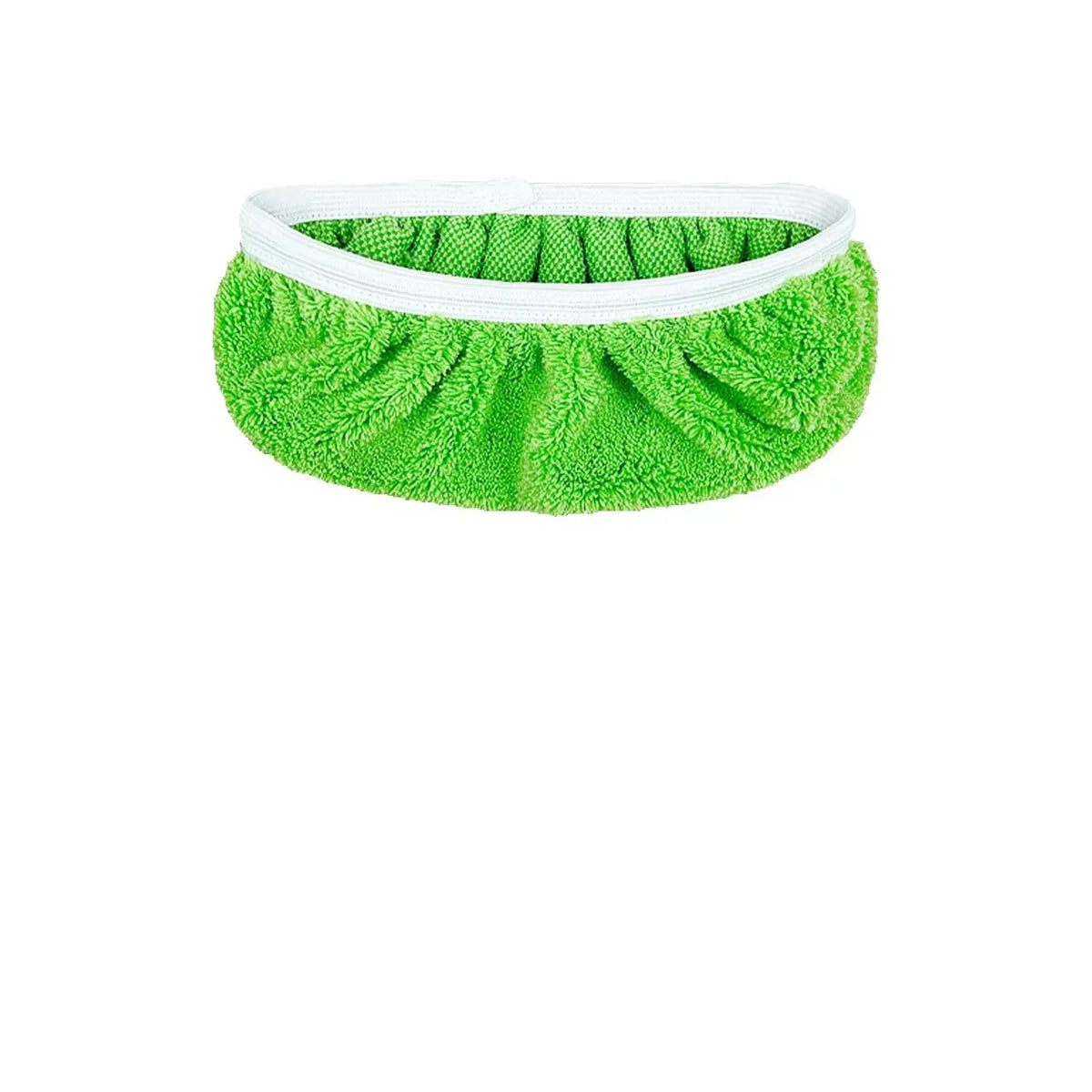 A bright green reusable microfiber mop pad with a white trim.