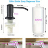A black 500ml bottle soap dispenser with a pump mechanism and a white liquid soap bottle shown in various dimensions.