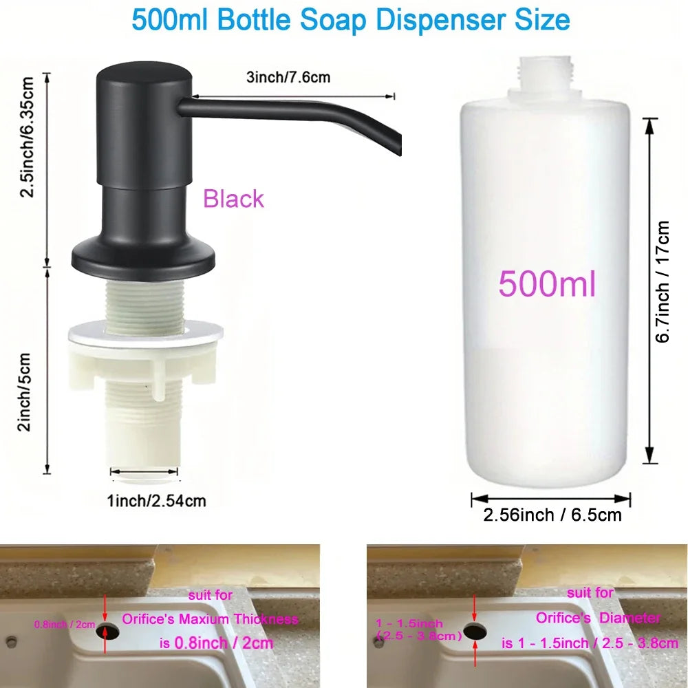 A black 500ml bottle soap dispenser with a pump mechanism and a white liquid soap bottle shown in various dimensions.