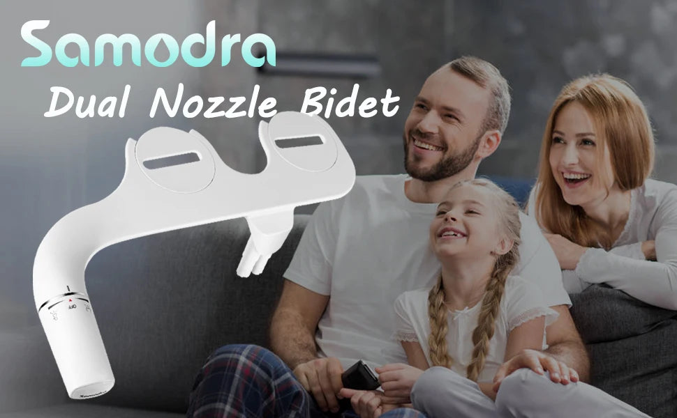 A family is using a white ultra-slim dual nozzle bidet attachment on a toilet.