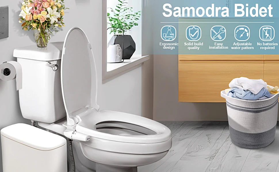 A white toilet with a mounted bidet attachment and surrounding features for an Ultra-Slim Dual Nozzle Bidet Attachment.