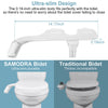 White ultra-slim bidet attachment with a 0.19-inch body shown next to traditional bidets.