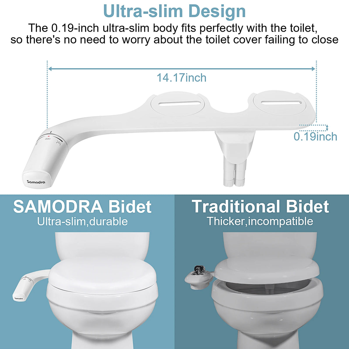 White ultra-slim bidet attachment with a 0.19-inch body shown next to traditional bidets.