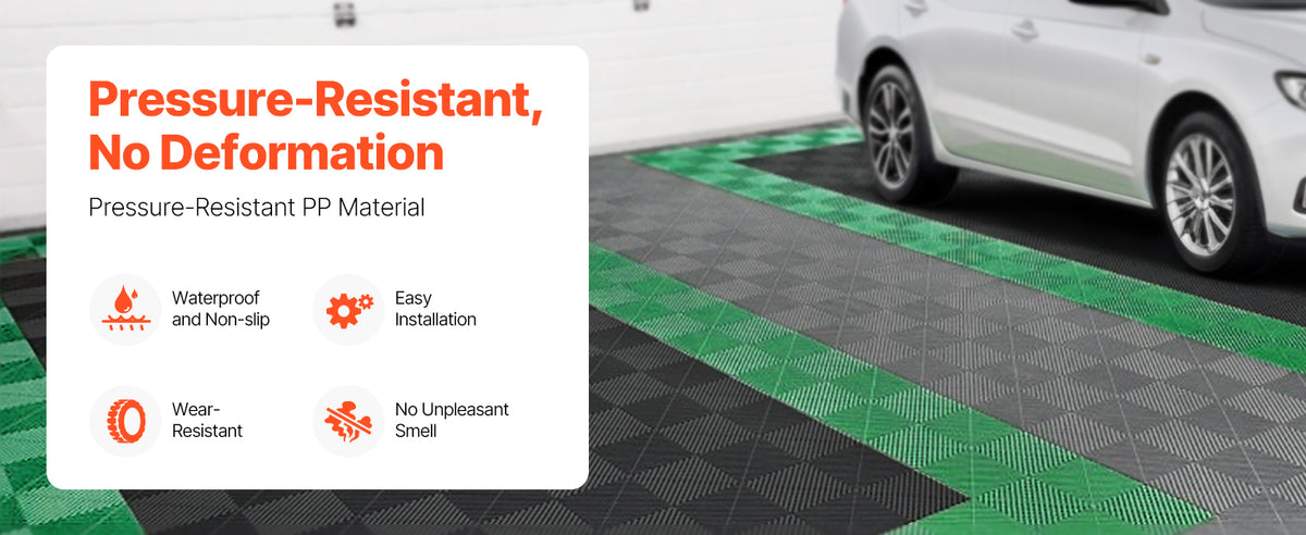 A white car is parked on a green interlocking drainage mat, highlighting the pressure-resistant PP material.