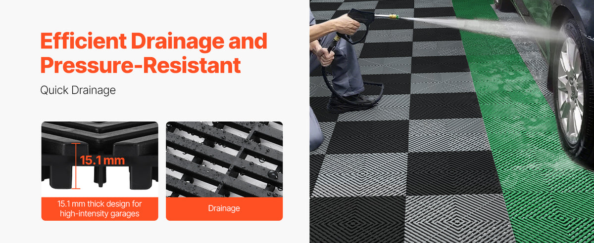 A person sprays water onto a black interlocking drainage mat installed on a tiled floor.