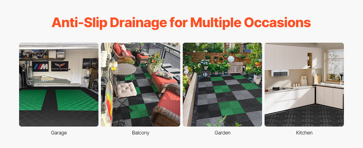 Various applications of anti-slip drainage mats including a garage, balcony, garden, and kitchen floor.