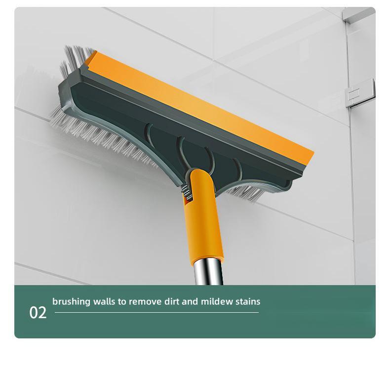 Gel- und grauer rotierender Bodenreinigungsbürste entfernt Schmutz und Schimmel von einer weißen Wand.